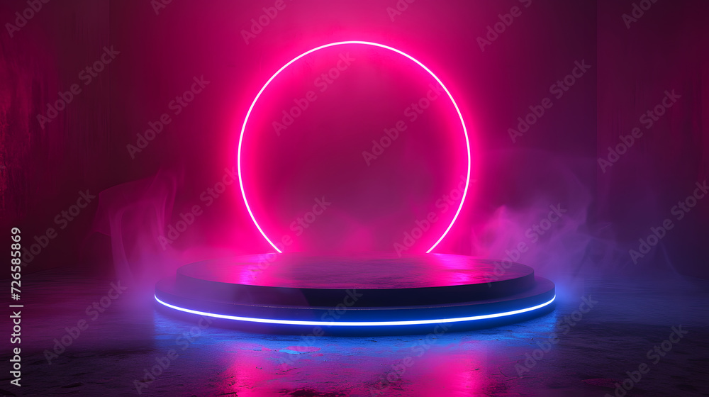 A pink neon circle stands over a circular platform in a dark space. The platform is surrounded by pink smoke. A pink neon circle stands over a circular platform in a dark space. The platform is surrounded by pink smoke.