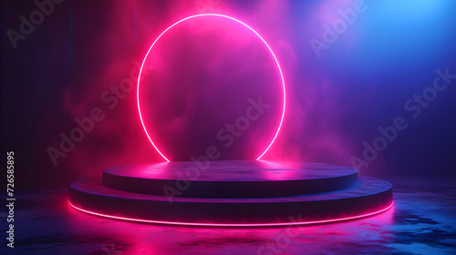 A pink neon circle stands over a circular platform in a dark space. The platform is surrounded by pink smoke.