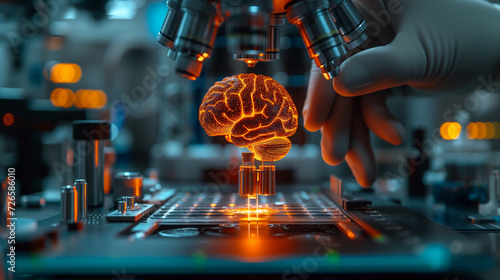 Brain Upgrade Analysis: scientists examine a brain through microscope in research lab photo