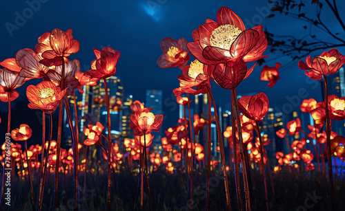 Lit up flowers at night view with cityscape background chinese new year festivities street photo