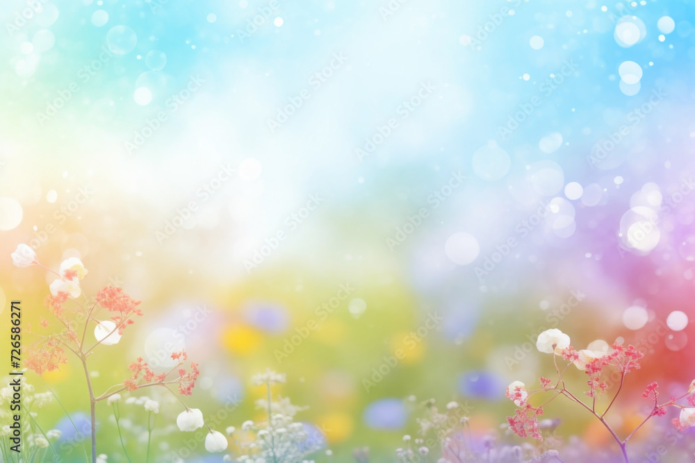 Beautiful multicolored spring meadow background with wild flowers and bokeh lights - obrazy, fototapety, plakaty 