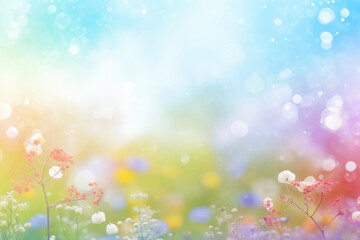 Beautiful multicolored spring meadow background with wild flowers and bokeh lights