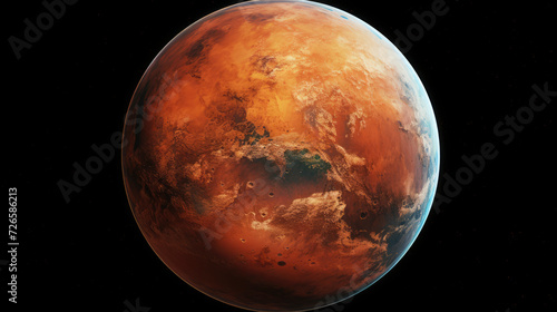 Detailed close-up of Mars, highlighting its prominent rusty red coloration and revealing intricate surface textures between its cloud pattern