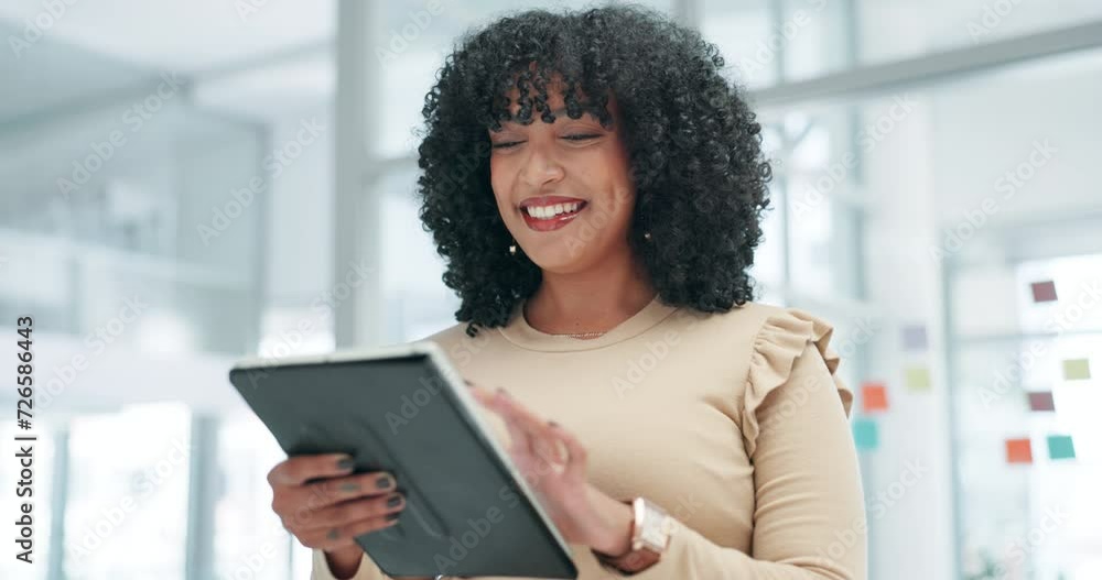 Business, woman and tablet with typing, laughing and internet with website information and social media. Person, employee and worker with technology and funny with email notification and meme Business, woman and tablet with typing, laughing and internet with website information and social media. Person, employee and worker with technology and funny with email notification and meme