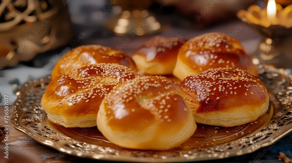 Buns with sesame seeds on a golden plate, close up