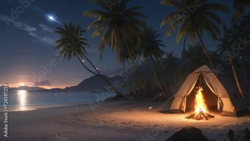 tent with fire on the beautiful beach in the night 