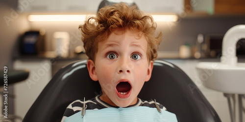 Teenager boy in dentistry. People treatment teeth, medical checkup concept. Teenage chind scared shocked with open mouth sitting in dentist's chair while having oral care look into camera photo