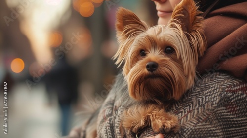 The cute Yorkshire Terrier dog is sitting in arms. A woman holds a small fluffy dog in her arms on a city street. Horizontal photo. © Ekaterina Chemakina