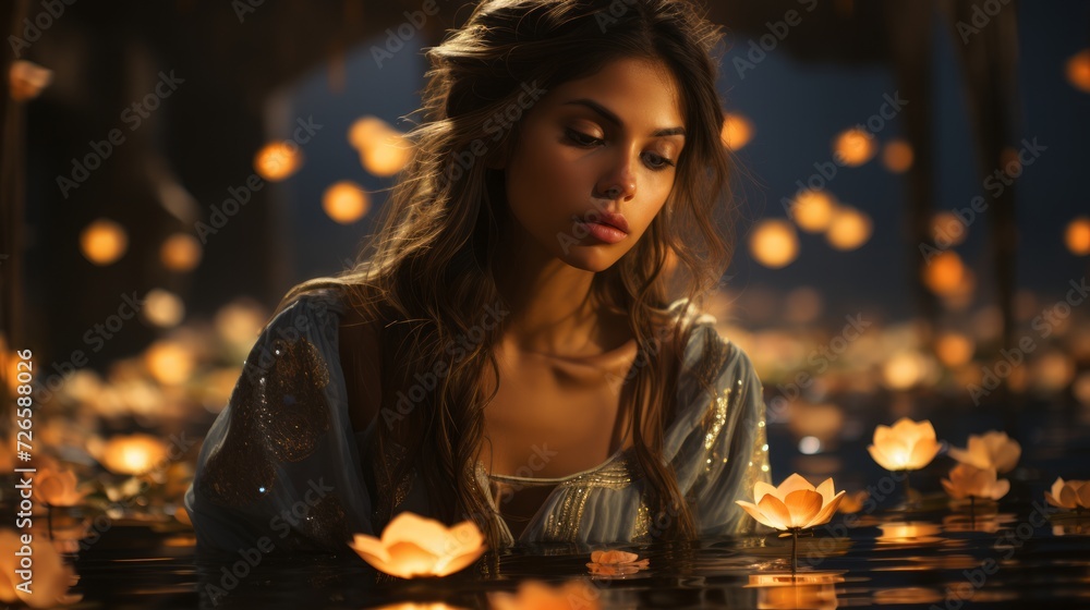 Young beautiful Indian woman holding a lit candle for Indian Festival Diwali. Neural network AI generated art Young beautiful Indian woman holding a lit candle for Indian Festival Diwali. Neural network AI generated art