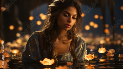 Young beautiful Indian woman holding a lit candle for Indian Festival Diwali. Neural network AI generated art