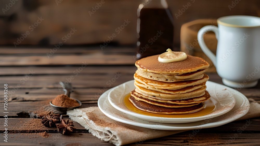 Stack of pancakes with maple syrup and cinnamon on a wooden background.