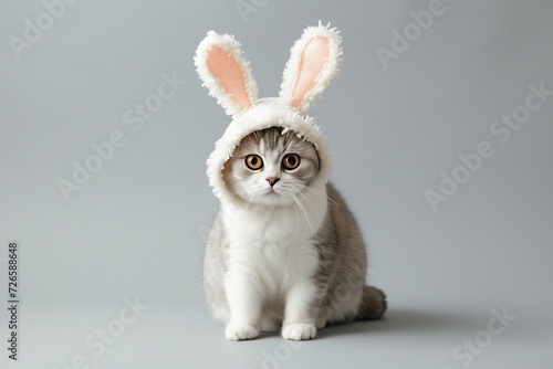 A cute cat, adorably dressed in a fluffy bunny ears hat, gazes upwards with big, soulful eyes against a soft grey background.