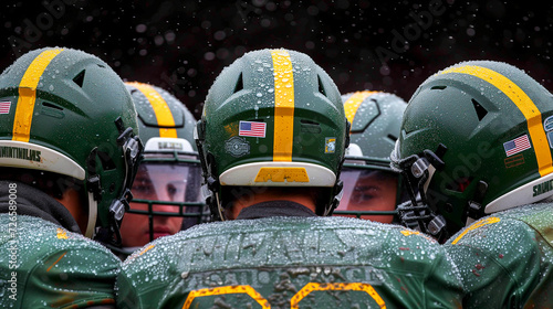 close-up of three football players in green and yellow helmets with raindrops, focused and ready in a huddle during a game
