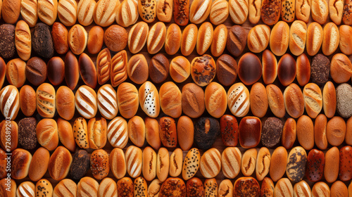 Bakery Mosaic Background. A variety of breads create a warm, textured pattern; perfect for bakery or culinary themes.