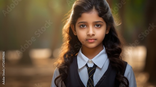 Portrait of happy indian girl with school bag standing outdoor. Neural network AI generated art