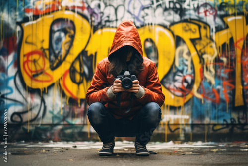 Photographer capturing graffiti in a city alley way, exploring the rebellious spirit and raw energy of street art. photo