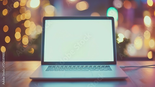 Laptop with a blank screen on a table bokeh background