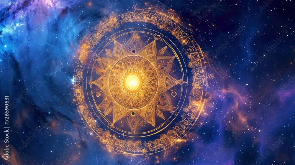 an ornamental golden zodiac wheel with stars and space in the background