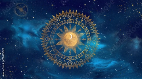 an ornamental golden zodiac wheel with stars and space in the background