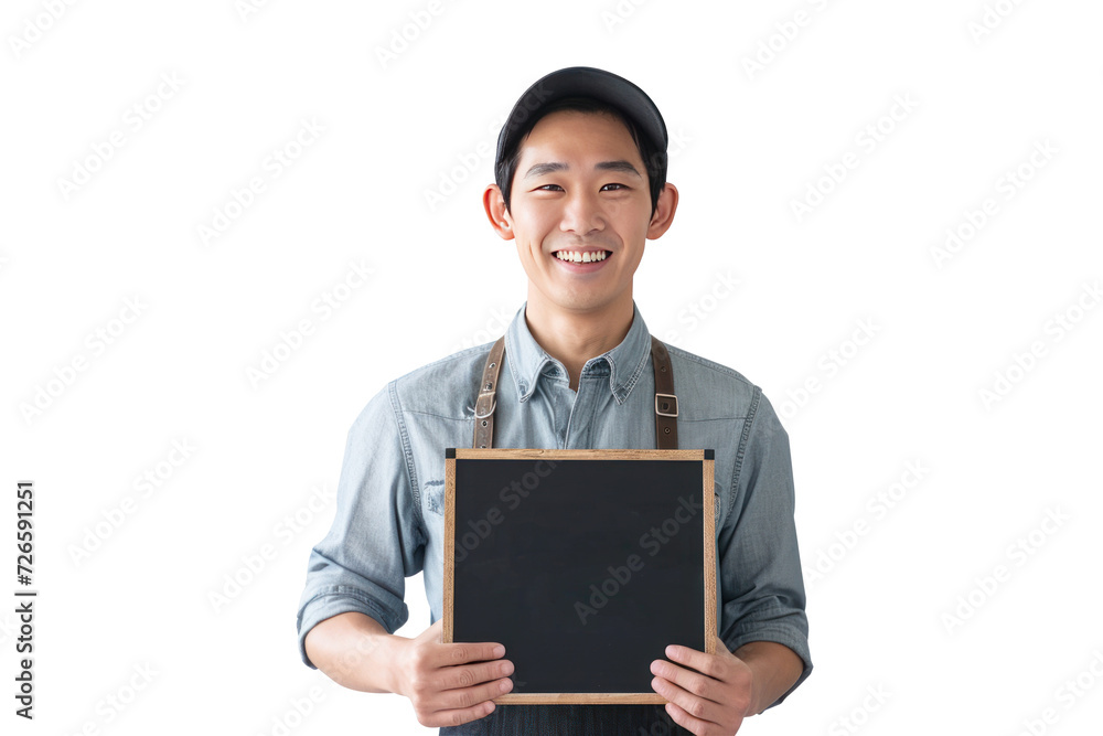A smiling man, holding a chalkboard, radiating warmth and friendliness while engaging with customers A smiling man, holding a chalkboard, radiating warmth and friendliness while engaging with customers