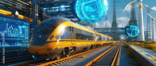Futuristic Eco-Friendly Landscapes, Digital Art Featuring Wind Turbines Silhouetted Behind a High-Speed Train.