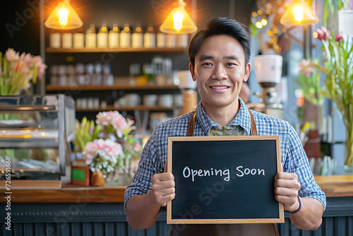 A smiling man, holding a chalkboard with the message "Opening soon", stands in a restaurant, radiating warmth and friendliness while engaging with customers