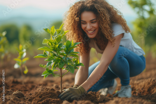 A woman planting a tree sapling, symbolizing the act of nurturing and encouraging growth.Green power photo