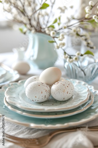 Easter colorful eggs in home decor, Easter design, flowers on the table, Easter decor ideas, spring