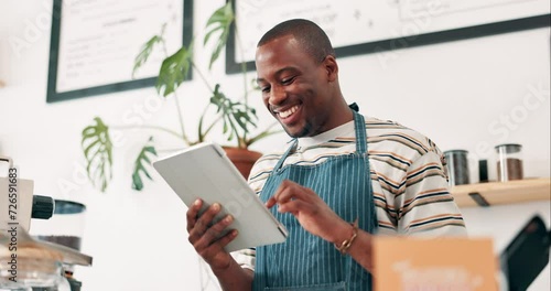 Barista, black man or tablet for coffee shop menu or online order or website in cafe or startup. Small business owner, happy or waiter with technology for stock inventory or price checklist in store photo