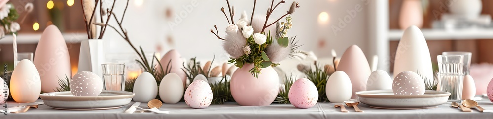 Obraz premium Easter colorful eggs in home decor, Easter design, flowers on the table, Easter decor ideas, spring