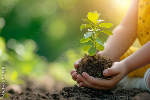 Hand holding young plant with on green nature background.Green power concept