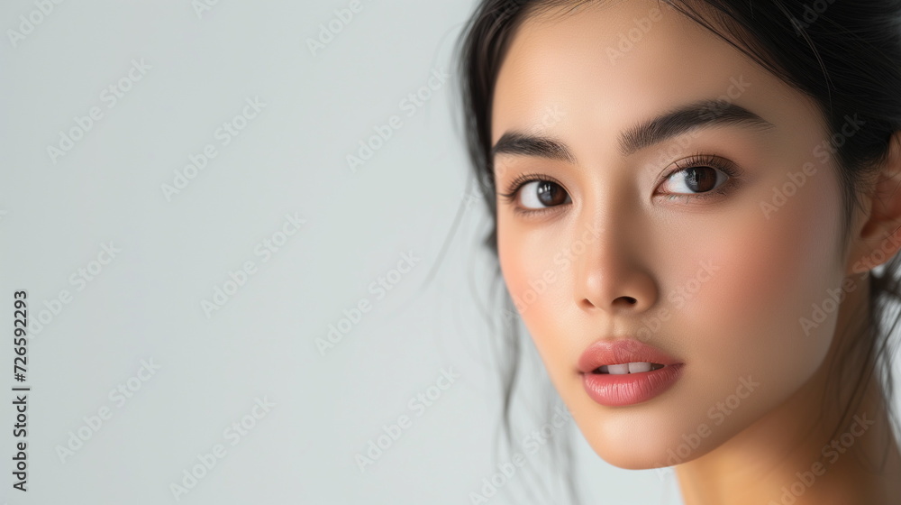 Fototapeta premium Beautiful young asian woman with clean fresh skin on white background, Face care, Facial treatment, Cosmetology, beauty and spa, Asian women portrait