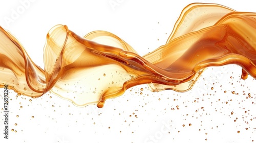 Caramel splash, sweet liquid candy swirls, wave splashing with droplets. Isolated brown melt toffee syrup stream with splatters dynamic motion for ads promo design 