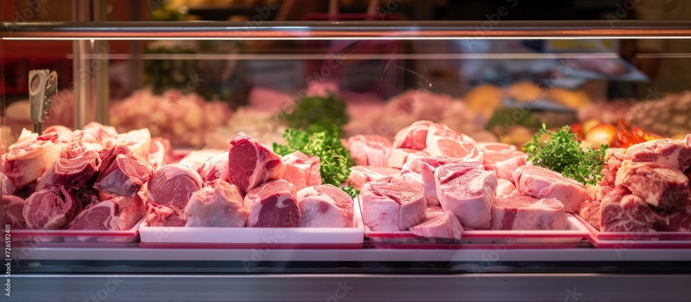 Fresh raw pork meat of various quality displayed in a modern butcher shop's fridge showcase at the meat counter.