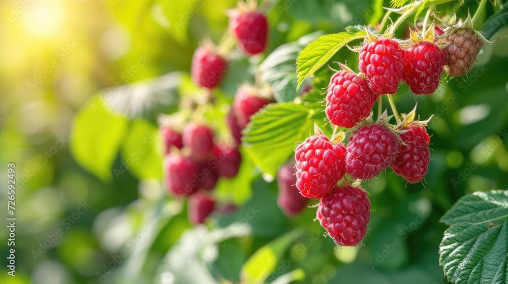 branch of ripe raspberries in a garden on blurred green background branch of ripe raspberries in a garden on blurred green background