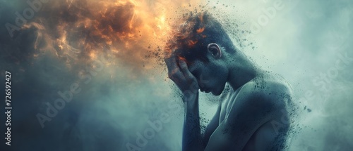 a person who holds his head tightly under severe stress at abstract background, schizophrenia disorder, mental health concept photo