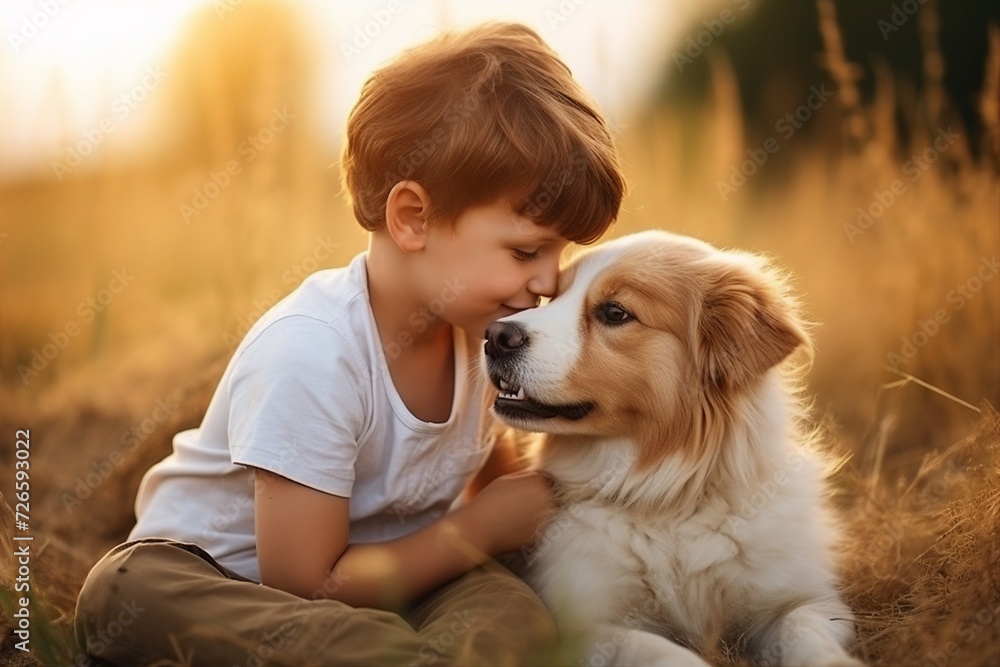 A Little boy kisses the dog in the field in summer day. Friendship, care, happiness, Cute child with doggy pet portrait at nature in the morning