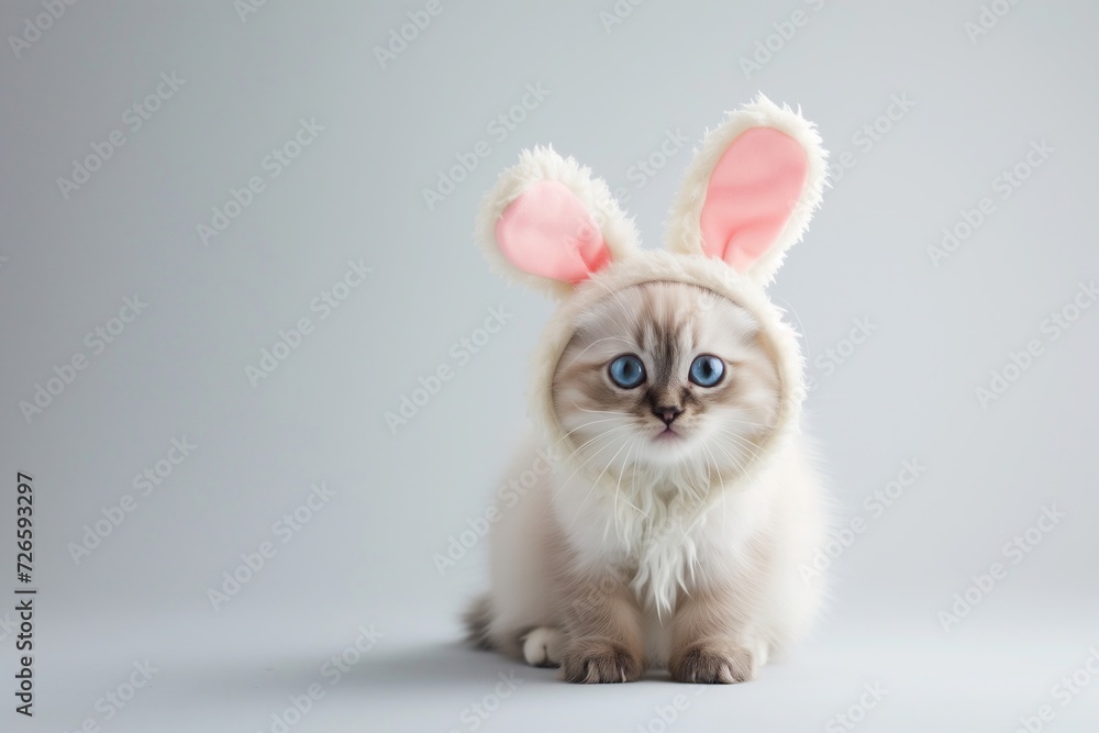 Obraz premium A cute cat, adorably dressed in a fluffy bunny ears hat, gazes upwards with big, soulful eyes against a soft grey background.