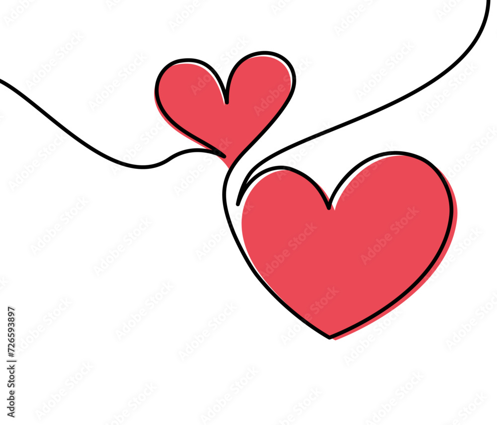 Two pink hearts continuous wavy line art drawing on white background.