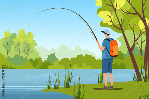 Fisherman catches fish with a fishing rod on the shore of a lake. Vector illustration of a fisherman on a background of forest and lake. Active recreation in nature. Sport fishing. Hiking concept.