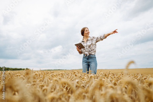 A woman farmer examines the field of cereals and sends data to the cloud from the tablet. Smart farming and digital agriculture.