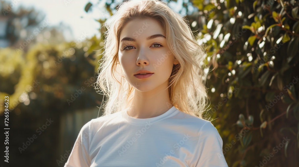 a young woman is posing wearing white t shirt mockup a young woman is posing wearing white t shirt mockup