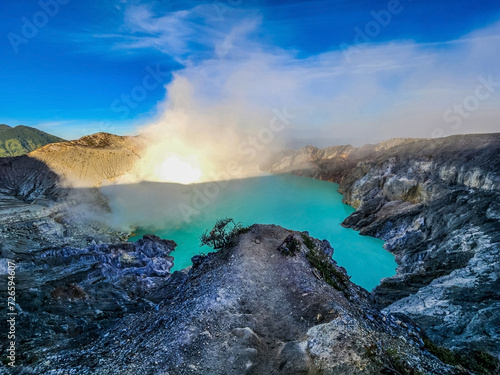 Landscape view of Mount Ijen (Kawah Ijen) Crater Lake in East Java, Indonesia.