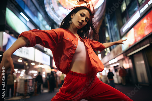 Woman, dancing doing a street performance at night in Japan. Asian person, creative and art in urban city.