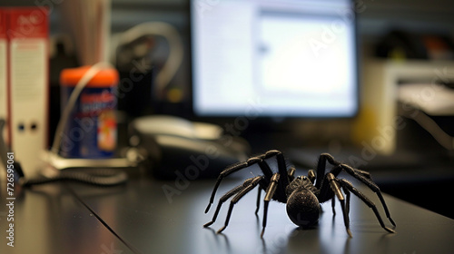 A classic "fake spider" prank set up in a coworker's office, causing laughter and shrieks of surprise on April Fools' Day.