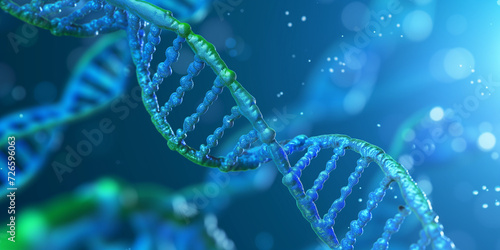 DNA molecules, spiraling gracefully, against a gradient blue background. The DNA strands are highlighted with neon green and blue accents, showcasing a close-up view, Generative AI