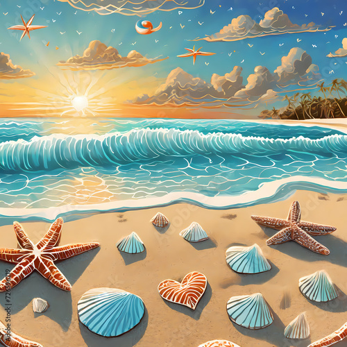 beach-themed pattern with hearts drawn in the sand, seashells, and starfish under a sunny sky.