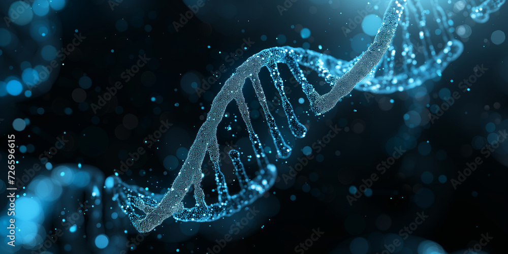 DNA molecule, magnified, with a focus on the double helix structure, against a minimalist black background. The molecule features electric blue and white highlights, Generative AI - obrazy, fototapety, plakaty 
