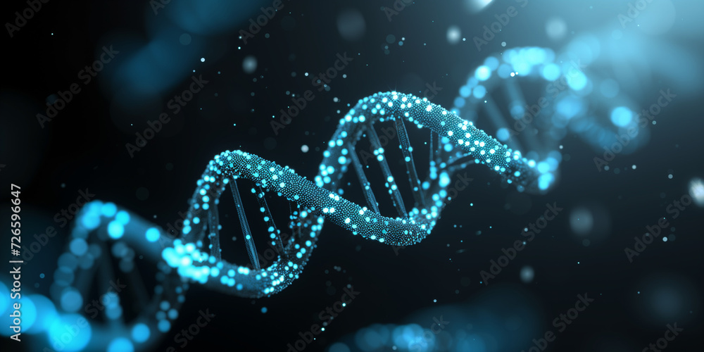 DNA molecule, magnified, with a focus on the double helix structure, against a minimalist black background. The molecule features electric blue and white highlights, Generative AI