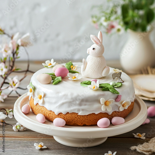 Traditional Easter cake on a light wooden background with cute white bunny on beautiful easter atmosphere © Krystian